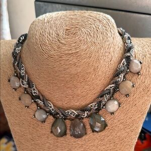 Elegant brass Silver and Gray green faceted cabochons braided Necklace